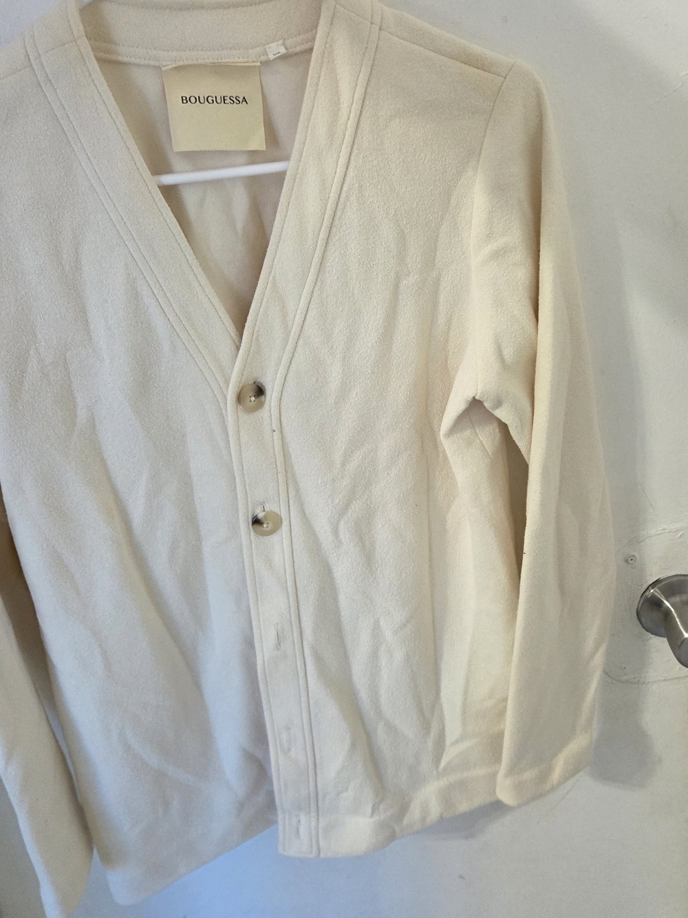 BOUGUESSA Ivory Cream Terry Cloth V-Neck Button Down Cardigan Sweater XS